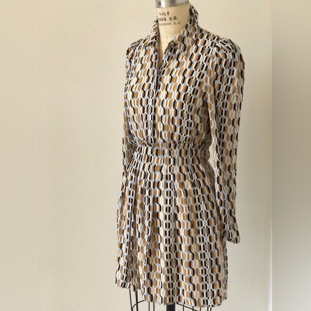 Maje, Size 6, Geometric Shirt Dress L/S With pleated waist detail.
